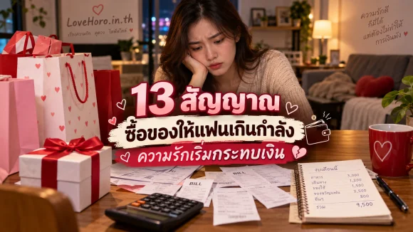 หญิงไทยมองของขวัญและบิลที่เกินงบ