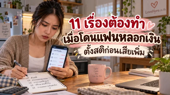 หญิงไทยตรวจรายการโอนเงินและจดขั้นตอนรับมือ